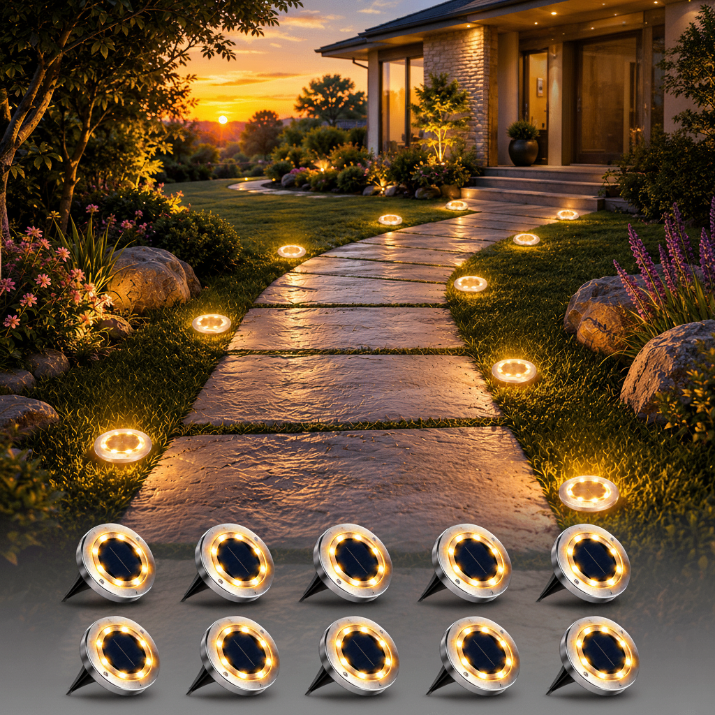 10-Pack Solar Ground Lights Outdoor Waterproof IP65 Pathway & Garden Lights