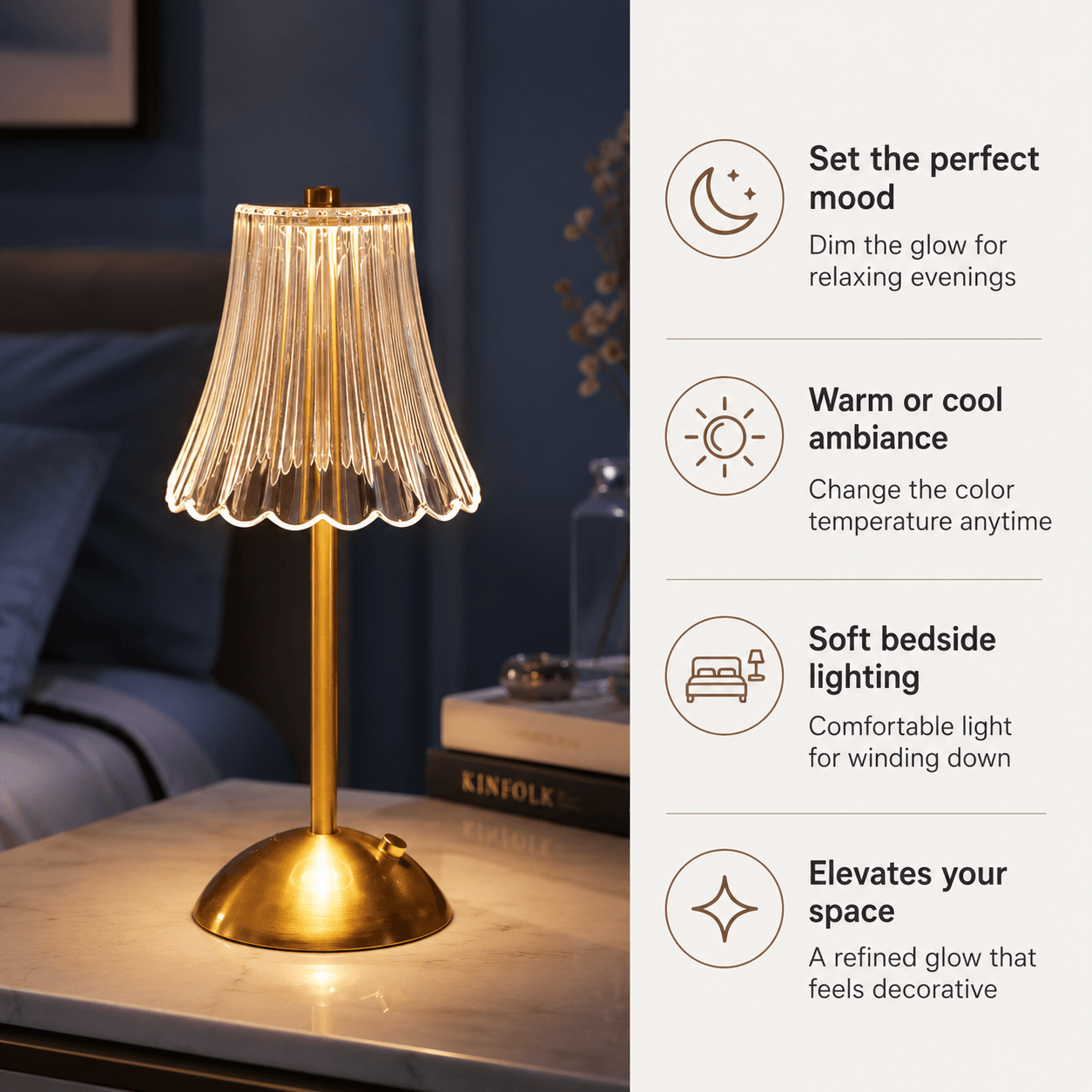 Rechargeable Cordless Table Lamp, Dimmable LED Bedside Nightstand Lamp