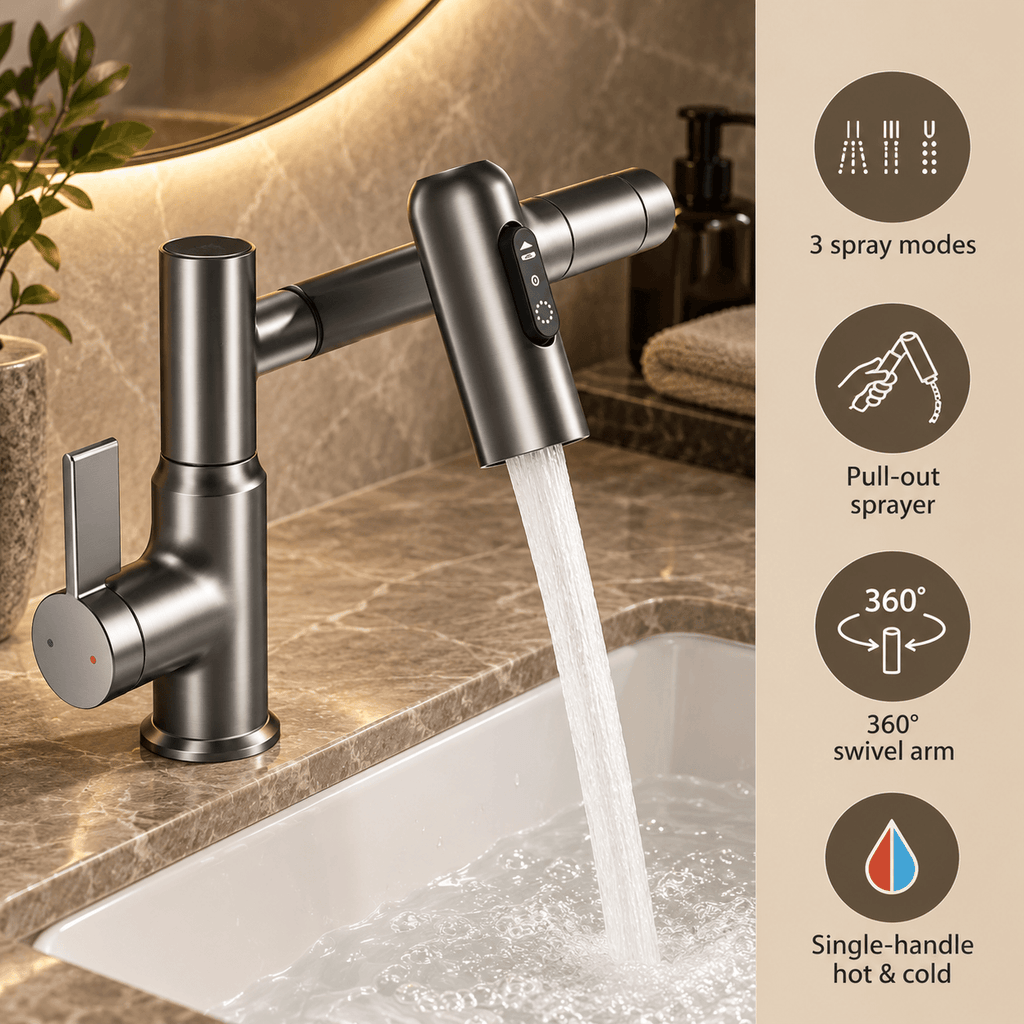 Bathroom Sink Faucet with Pull Out Sprayer, Black Single Hole