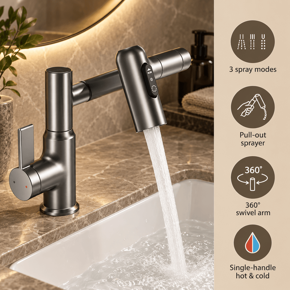 Bathroom Sink Faucet with Pull Out Sprayer, Black Single Hole