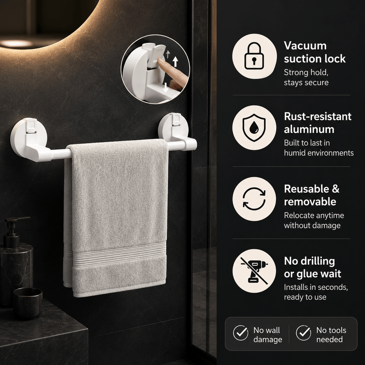 Bathroom Towel Bar – Wall Mounted No Drill Adhesive Towel Rack