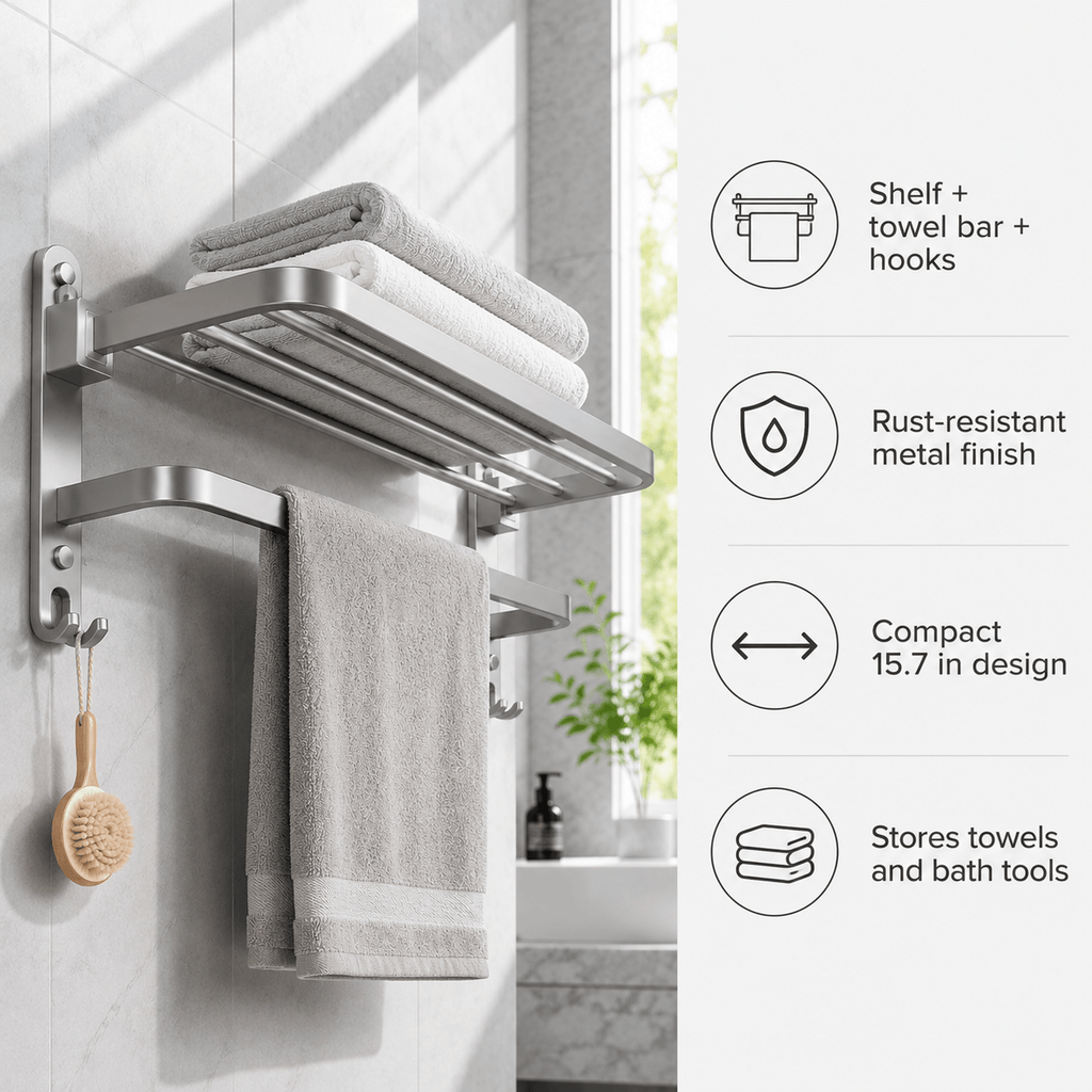 Wall Mounted Towel Rack – Bathroom Towel Bar with Shelf