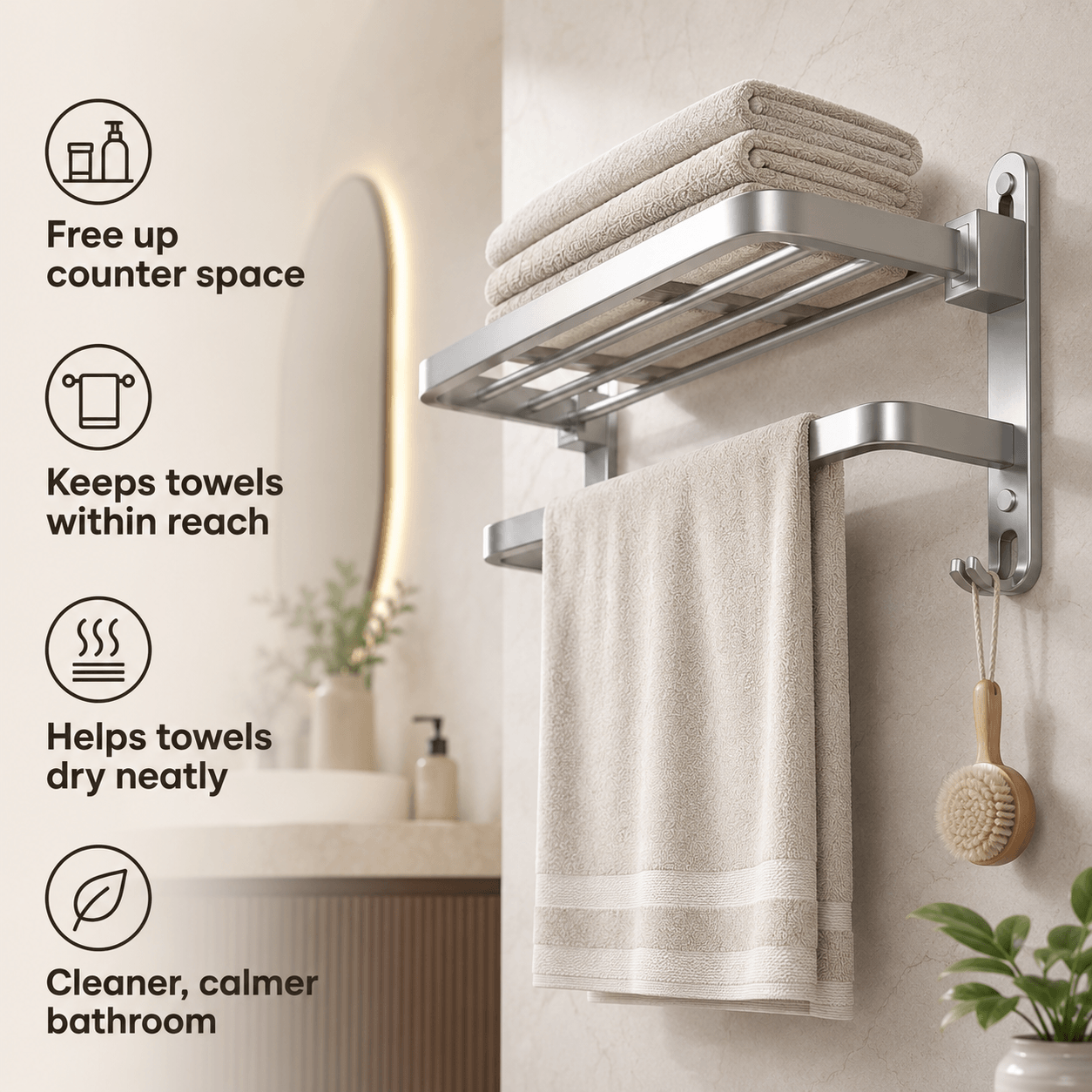 Wall Mounted Towel Rack – Bathroom Towel Bar with Shelf