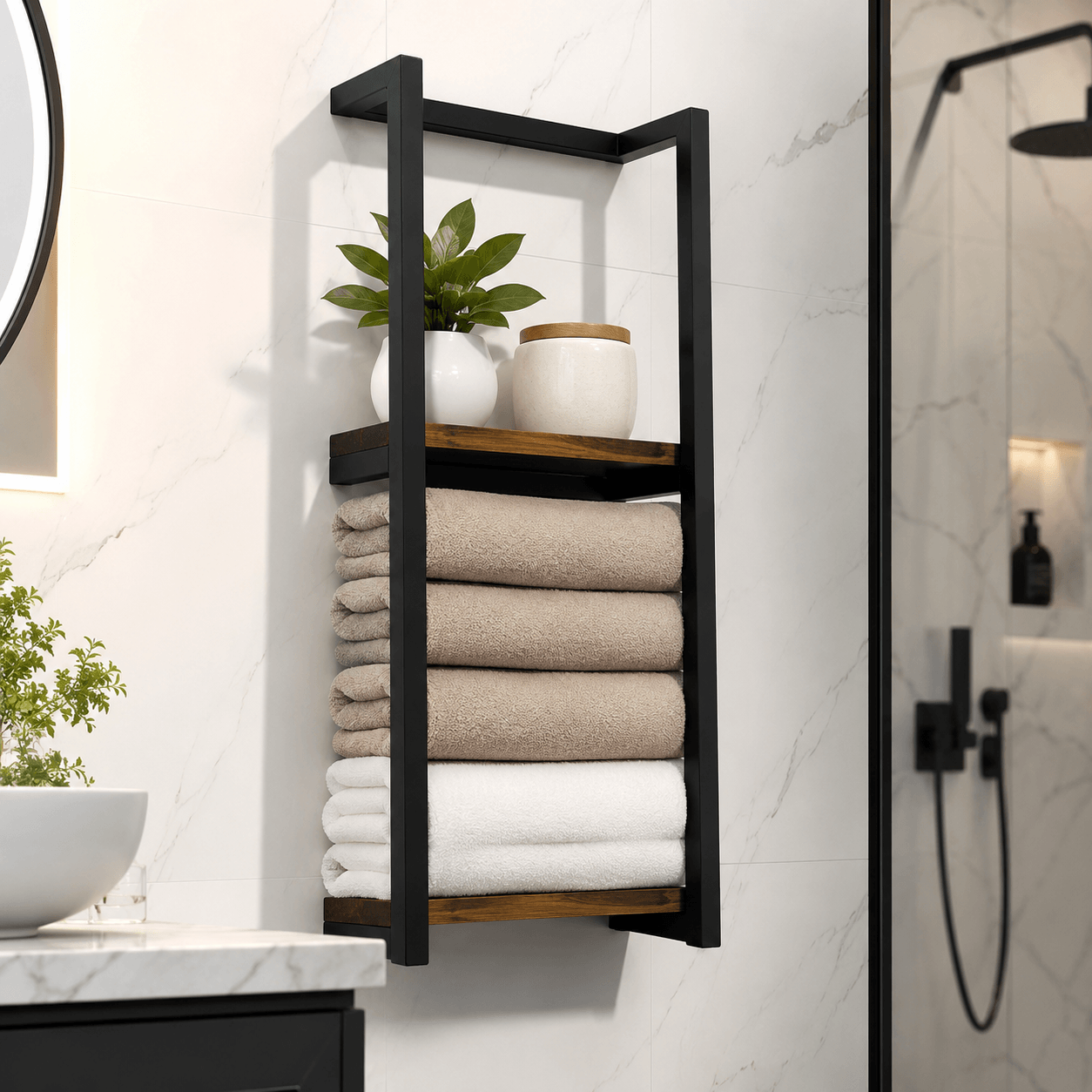 Bathroom Towel Storage – Wall Mounted Towel Rack with Shelf & Holder