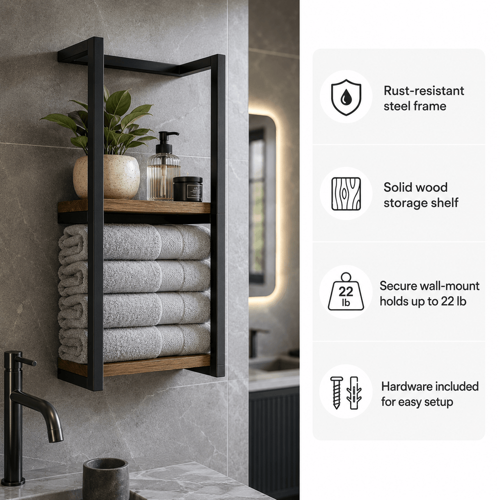 Bathroom Towel Storage – Wall Mounted Towel Rack with Shelf & Holder