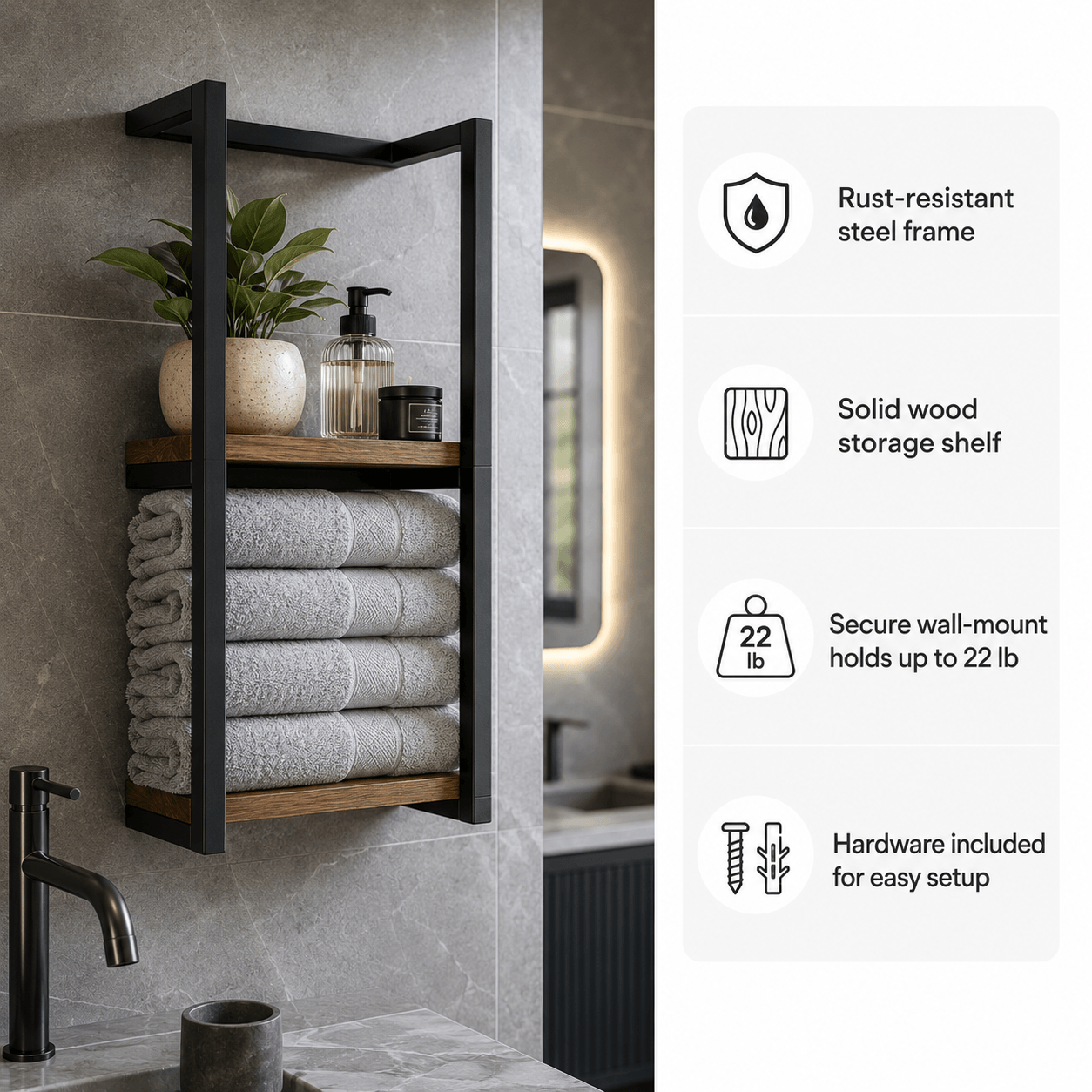 Bathroom Towel Storage – Wall Mounted Towel Rack with Shelf & Holder