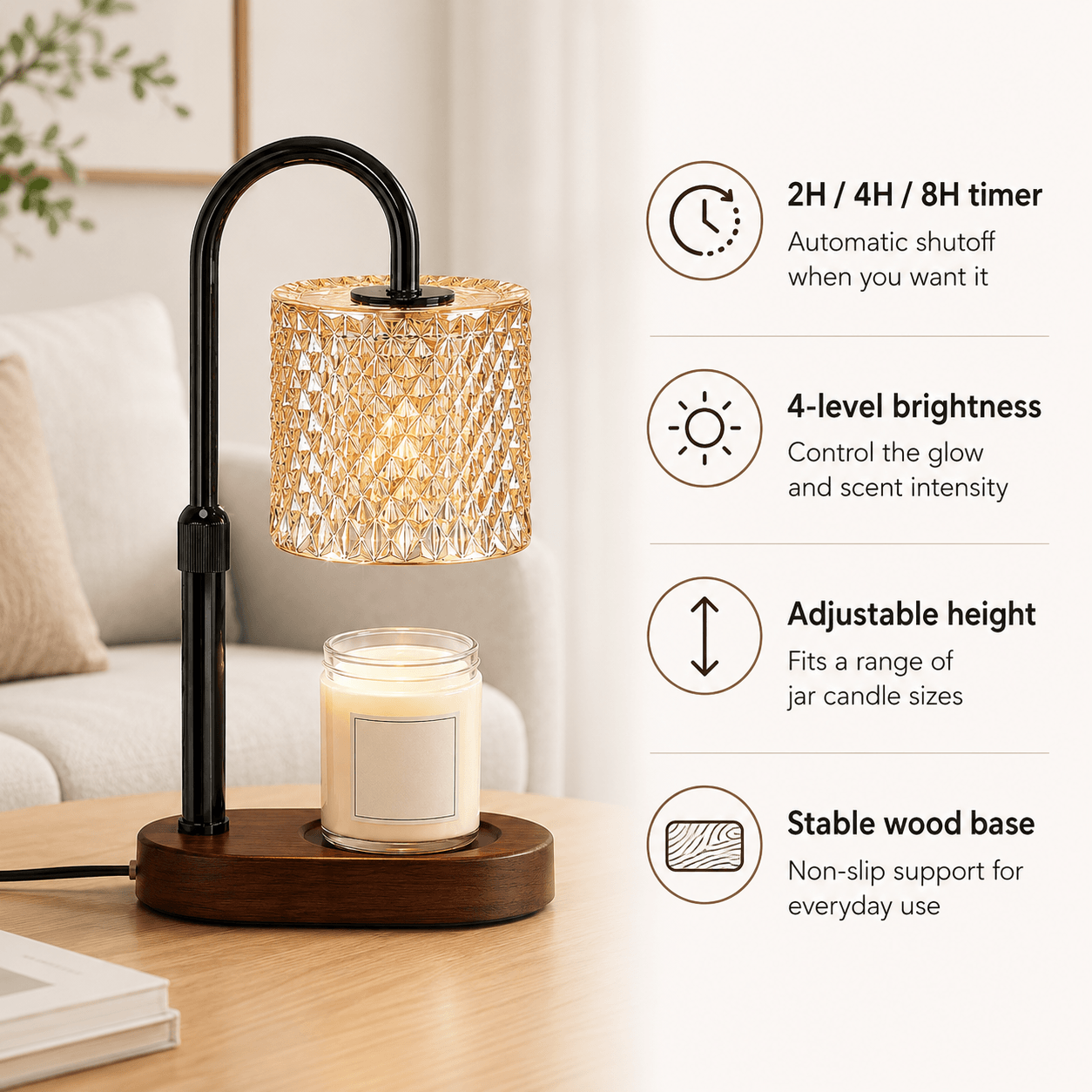Candle Warmer Lamp with Timer & Dimmer, Crystal Wax Warmer for Jar Candles