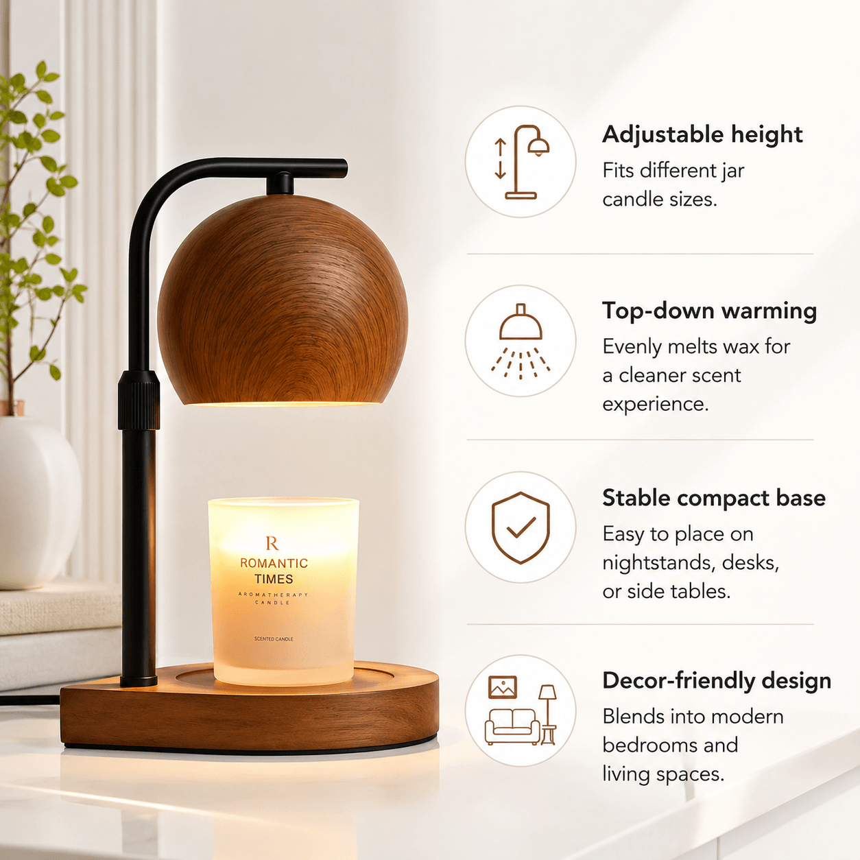 Candle Warmer Lamp with Timer & Dimmer, Wood Grain Wax Warmer for Jar Candles