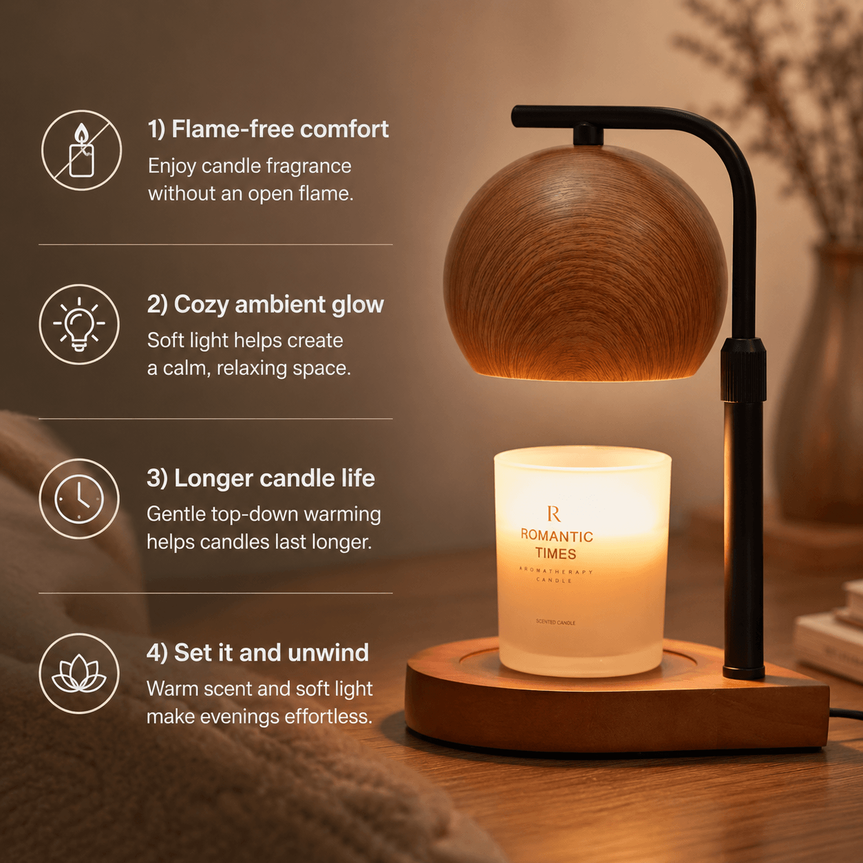 Candle Warmer Lamp with Timer & Dimmer, Wood Grain Wax Warmer for Jar Candles