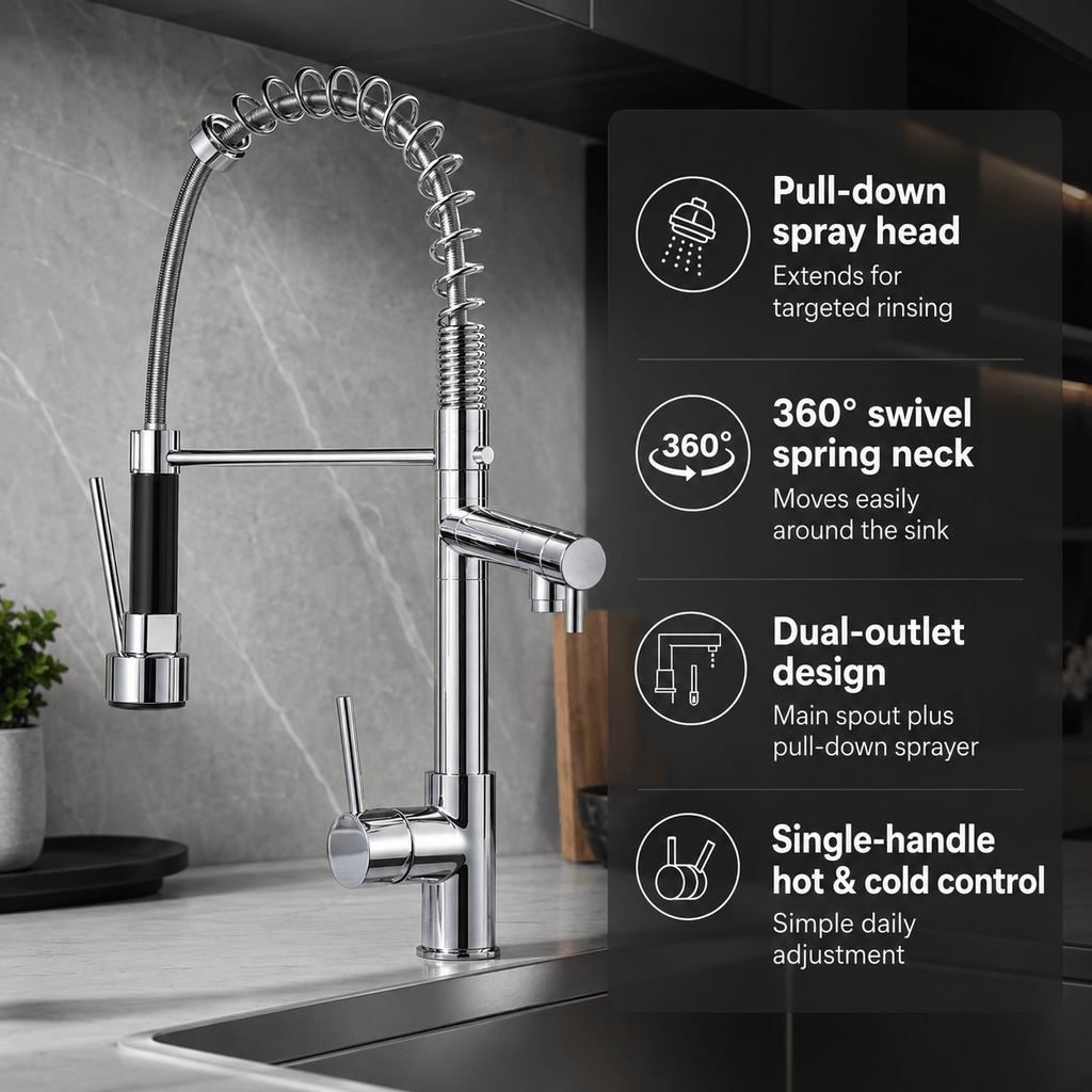Commercial Kitchen Faucet with Pull Down Sprayer & Pot Filler Arm
