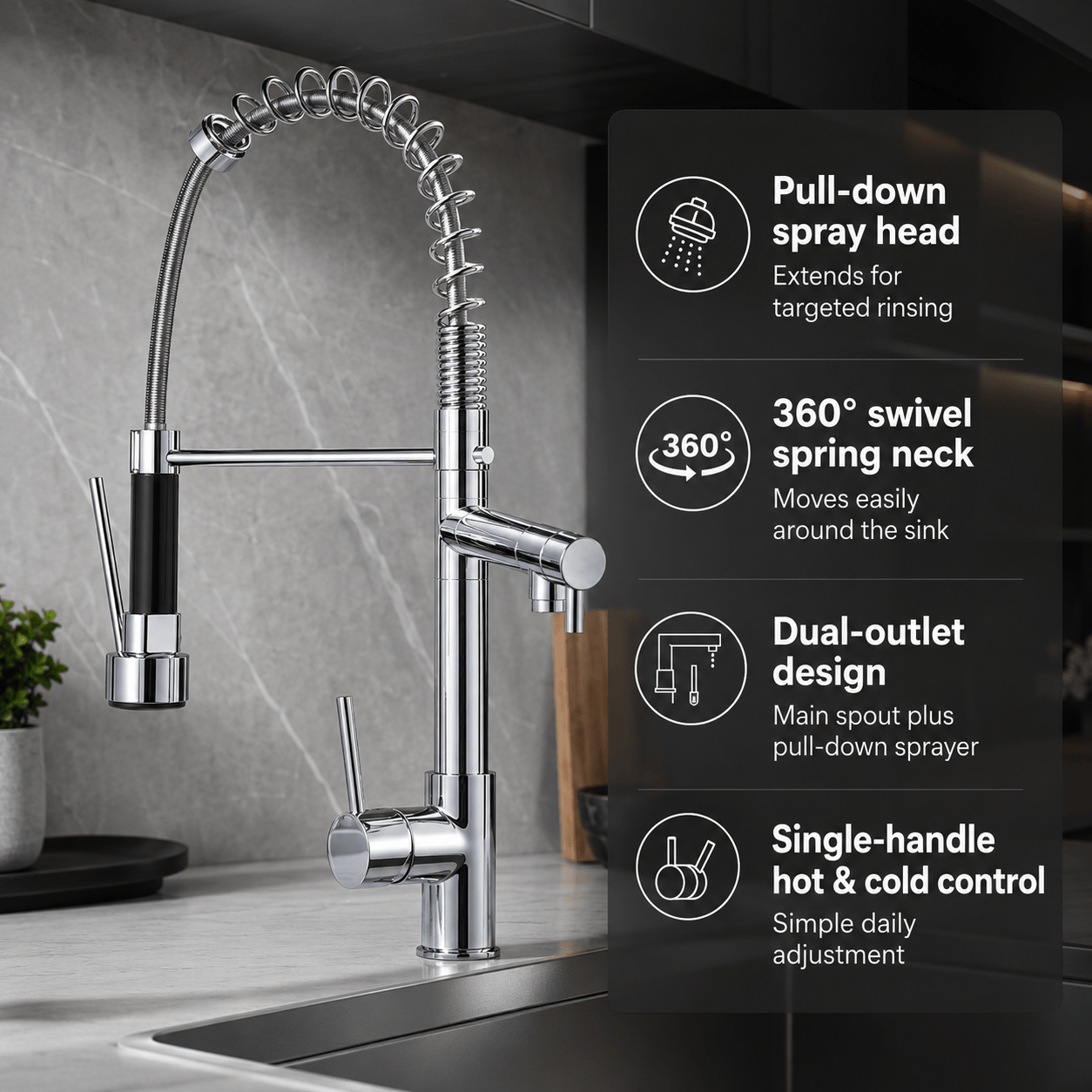 Commercial Kitchen Faucet with Pull Down Sprayer & Pot Filler Arm