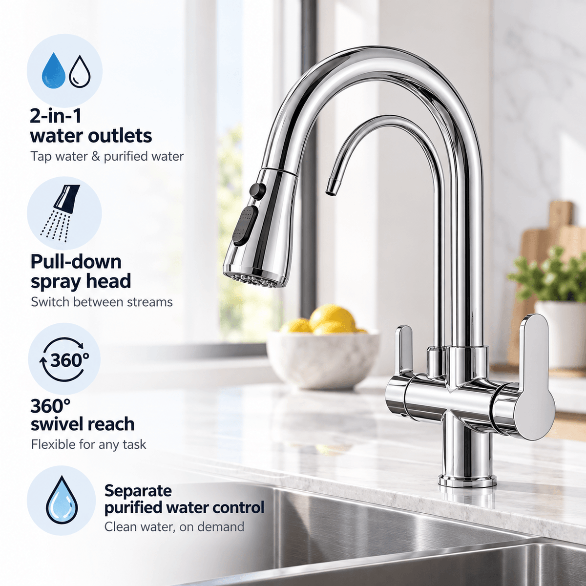 Kitchen Faucet with Sprayer, Pull Down 3-Way Filtered Water Faucet