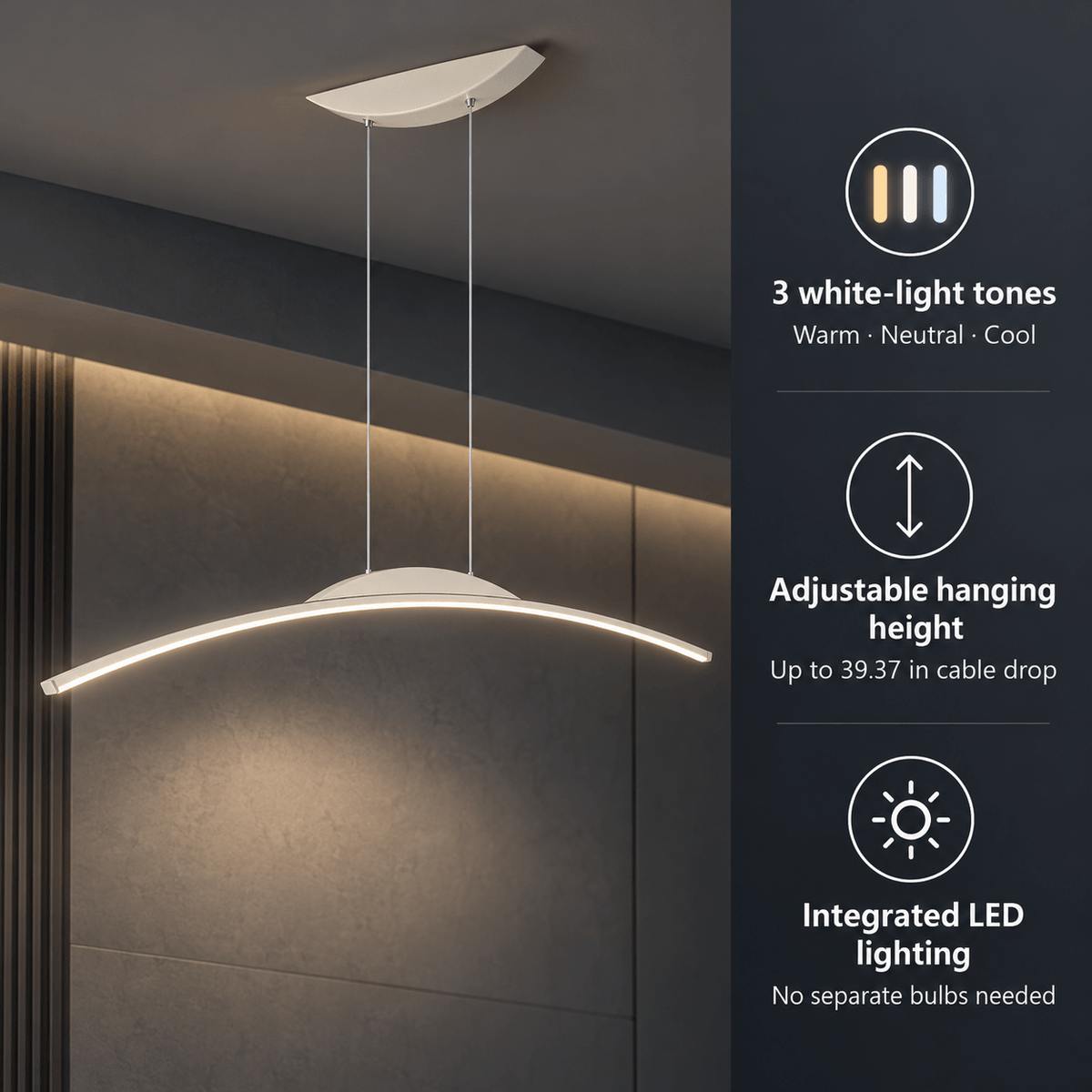 LED Kitchen Island Light & Dining Room Pendant, Curved