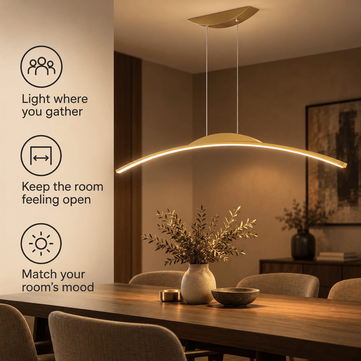 LED Kitchen Island Light & Dining Room Pendant, Curved