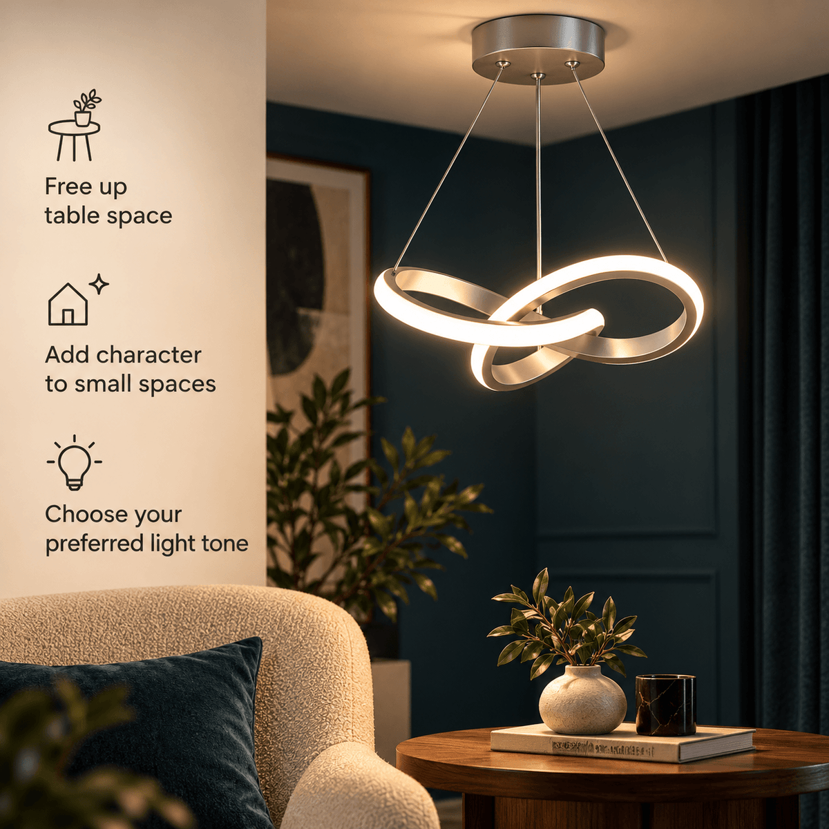 LED Pendant Light for Bedroom & Kitchen Island, Modern Loop