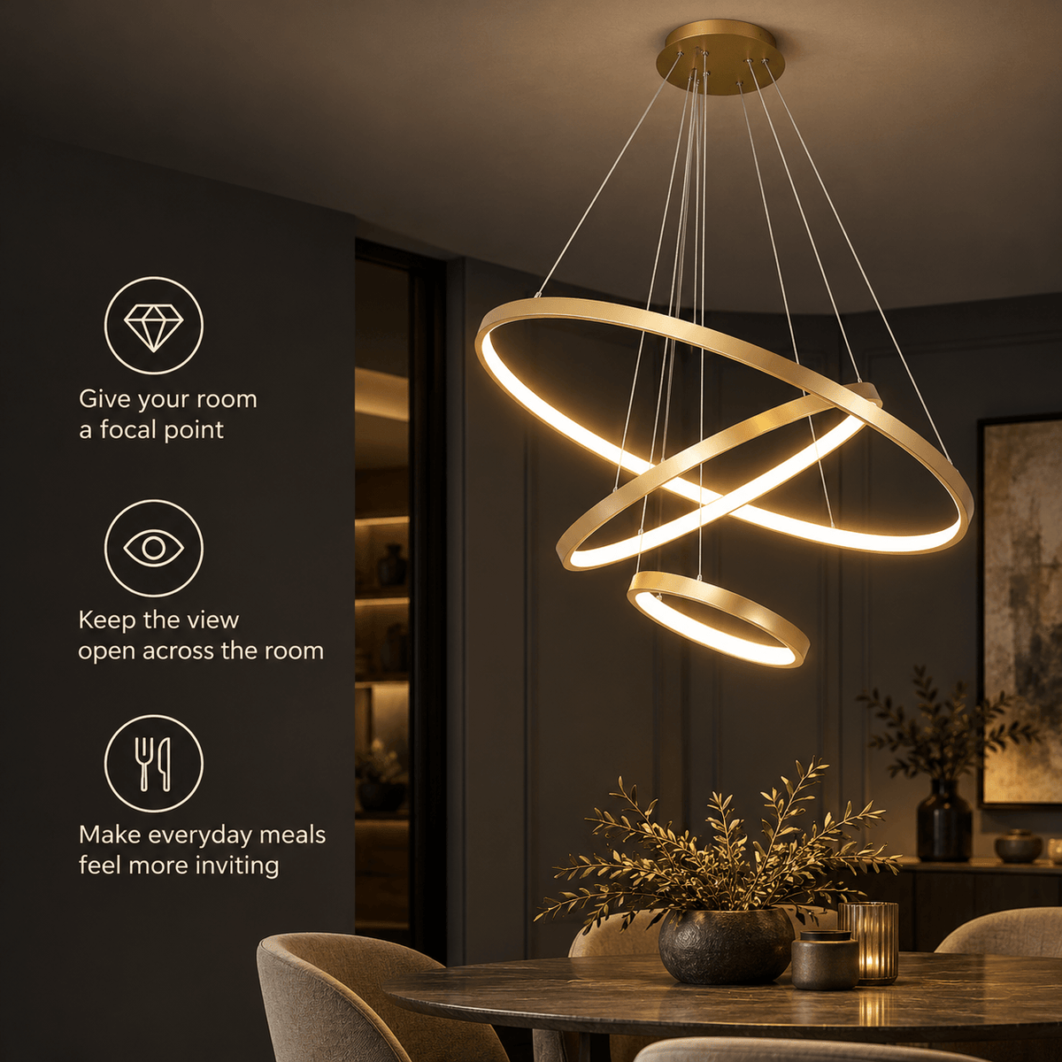 LED Pendant Light for Living Room & Dining Room, 3 Rings