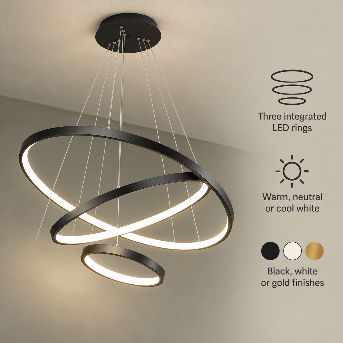 LED Pendant Light for Living Room & Dining Room, 3 Rings