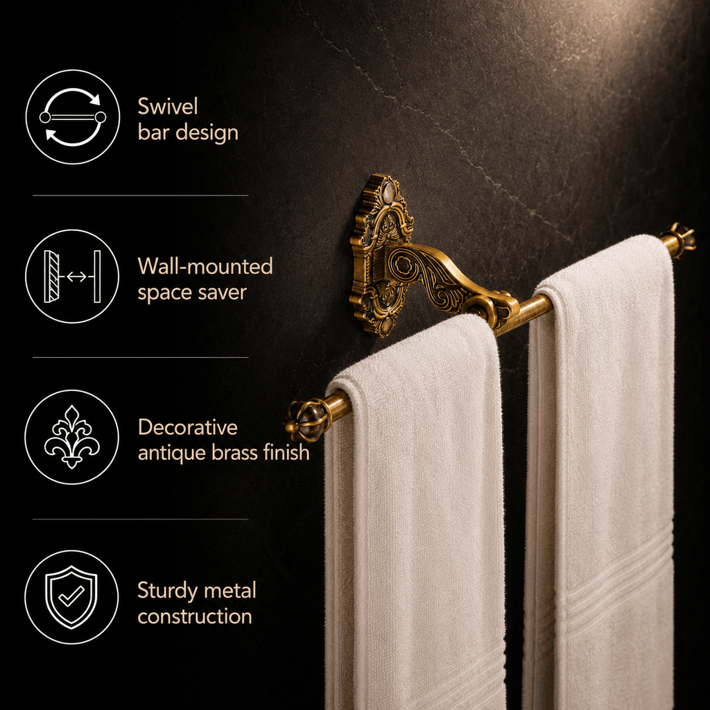 No Drill Antique Brass Swivel Towel Bar, Wall Mounted Towel Rack