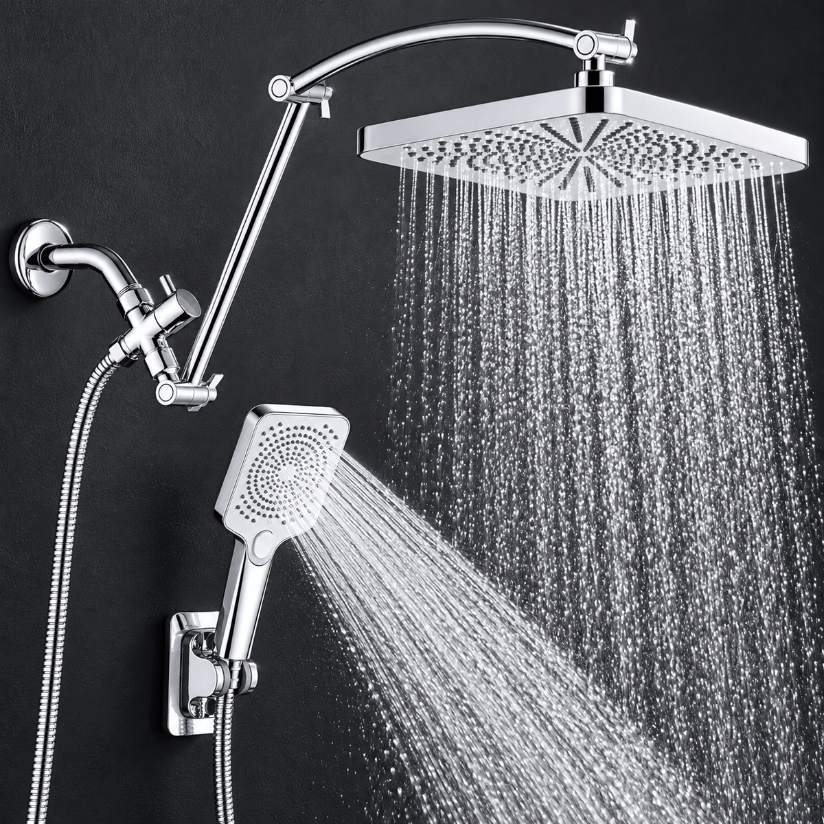 Rain Shower Head with Handheld and Hose, Adjustable Arm
