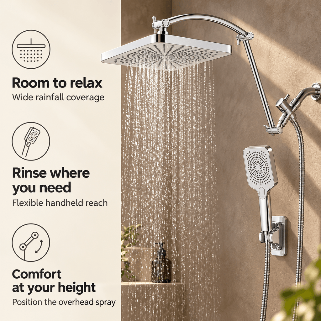 Rain Shower Head with Handheld and Hose, Adjustable Arm