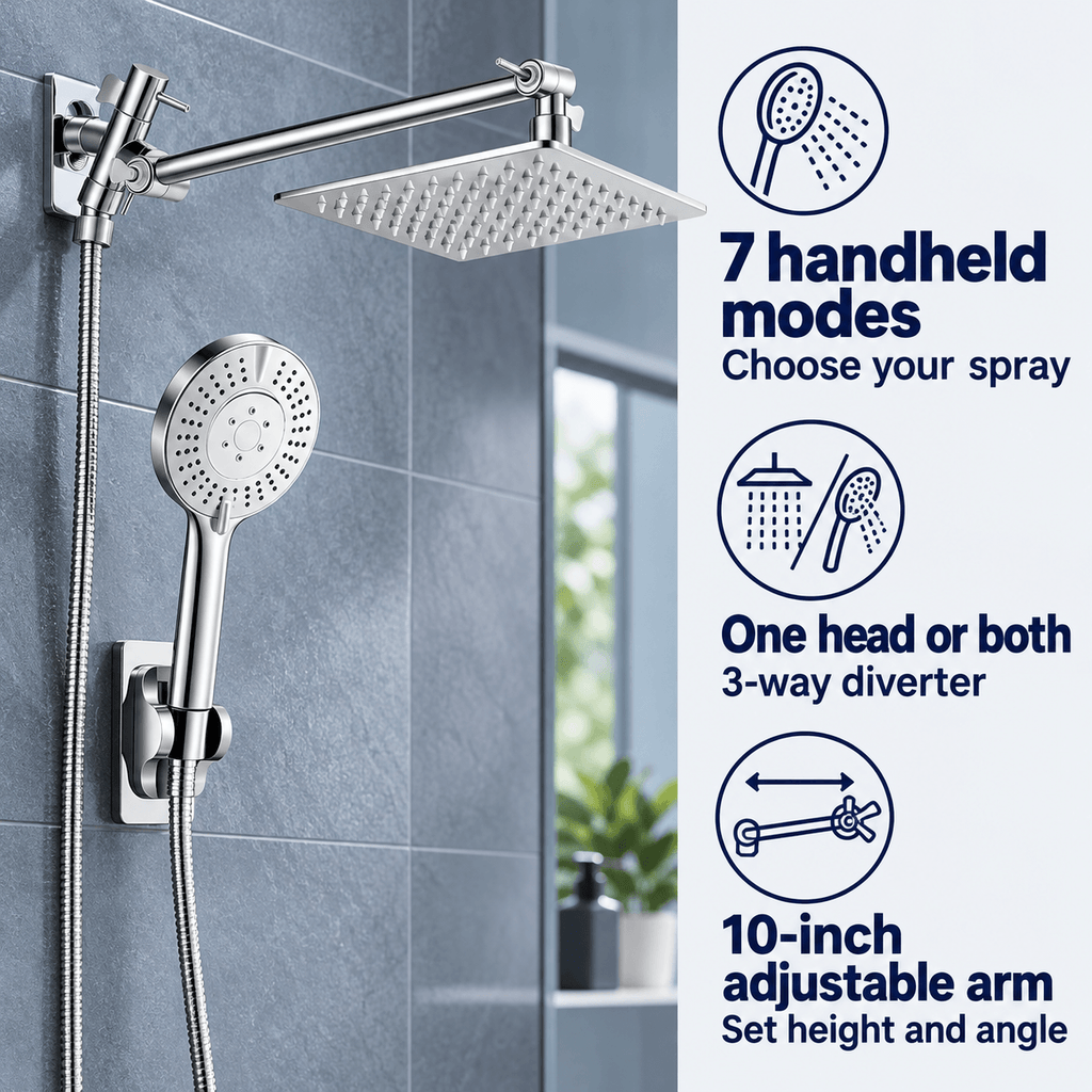 Rain Shower Head with Handheld and Hose, Adjustable Arm