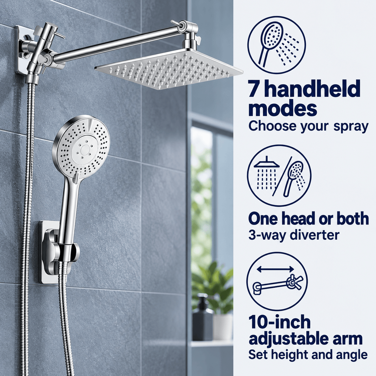 Rain Shower Head with Handheld and Hose, Adjustable Arm