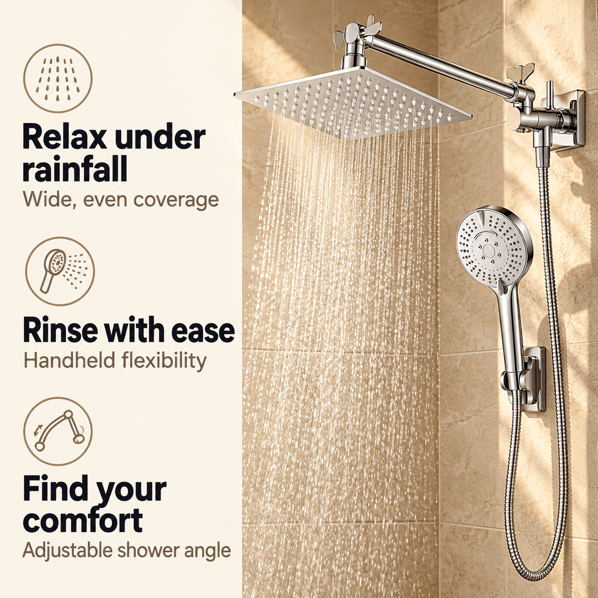Rain Shower Head with Handheld and Hose, Adjustable Arm