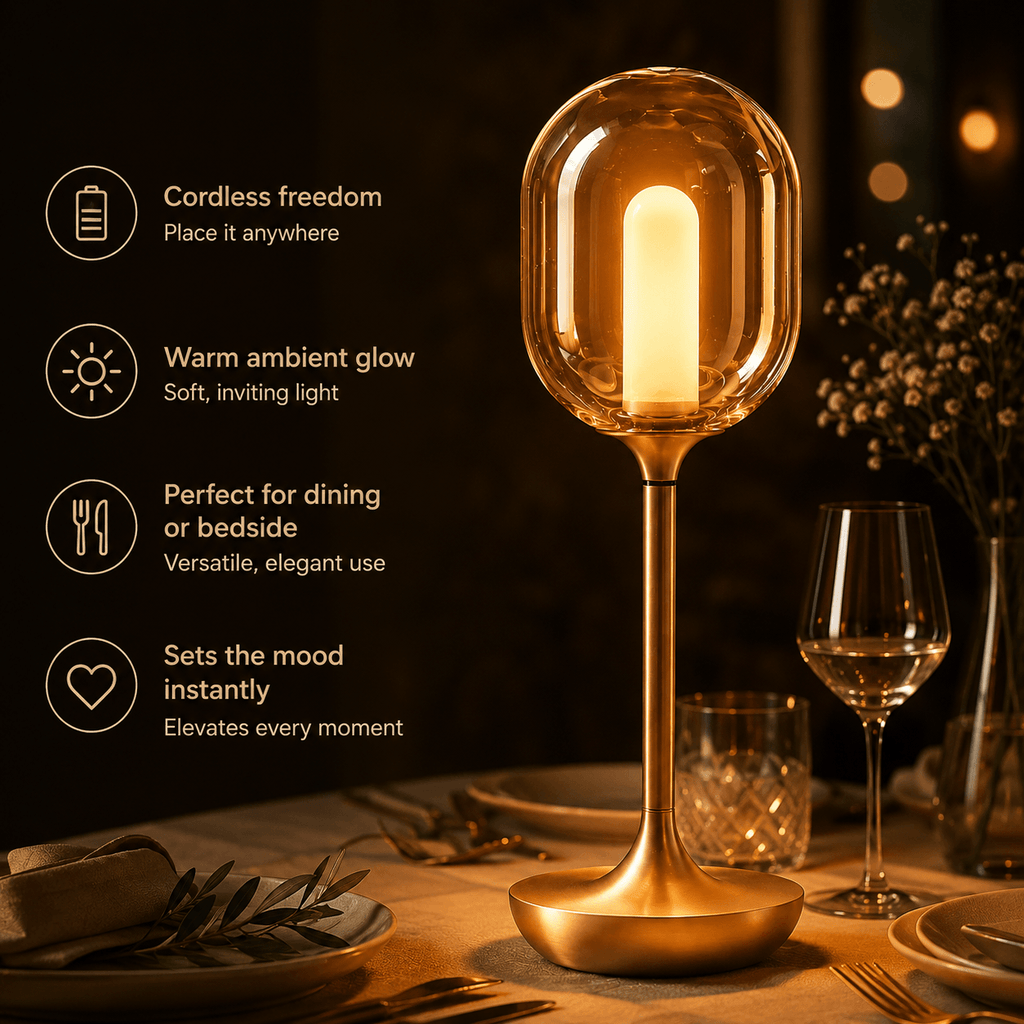 Rechargeable Cordless Table Lamp – Dimmable Touch Glass LED Lamp for Dining Table & Bedside