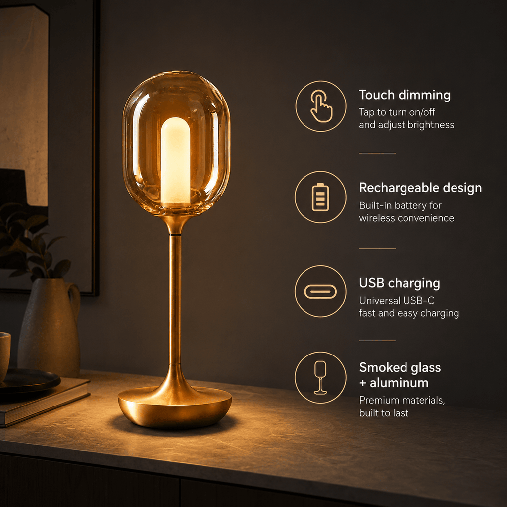 Rechargeable Cordless Table Lamp – Dimmable Touch Glass LED Lamp for Dining Table & Bedside