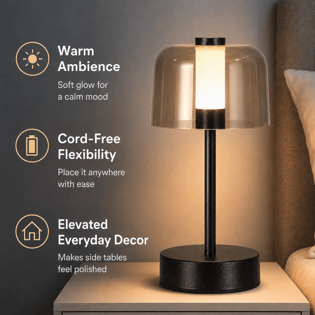 Rechargeable Cordless Table Lamp – Smoked Glass LED Bedside Lamp for Nightstand & Dining Table