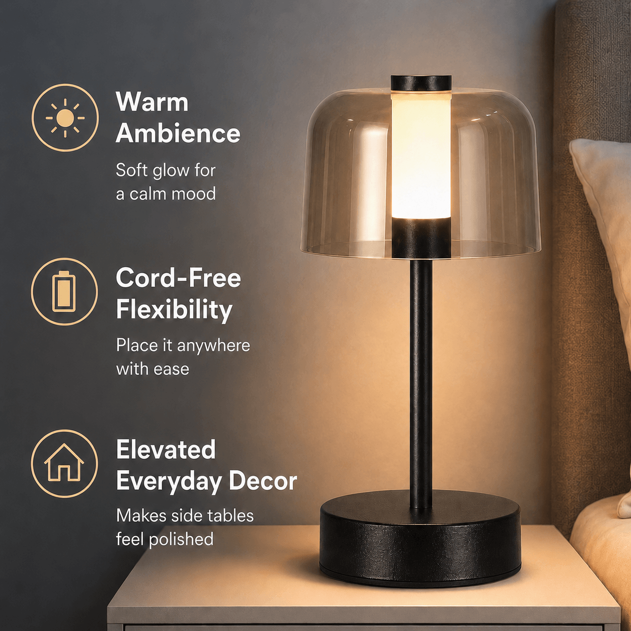 Rechargeable Cordless Table Lamp – Smoked Glass LED Bedside Lamp for Nightstand & Dining Table