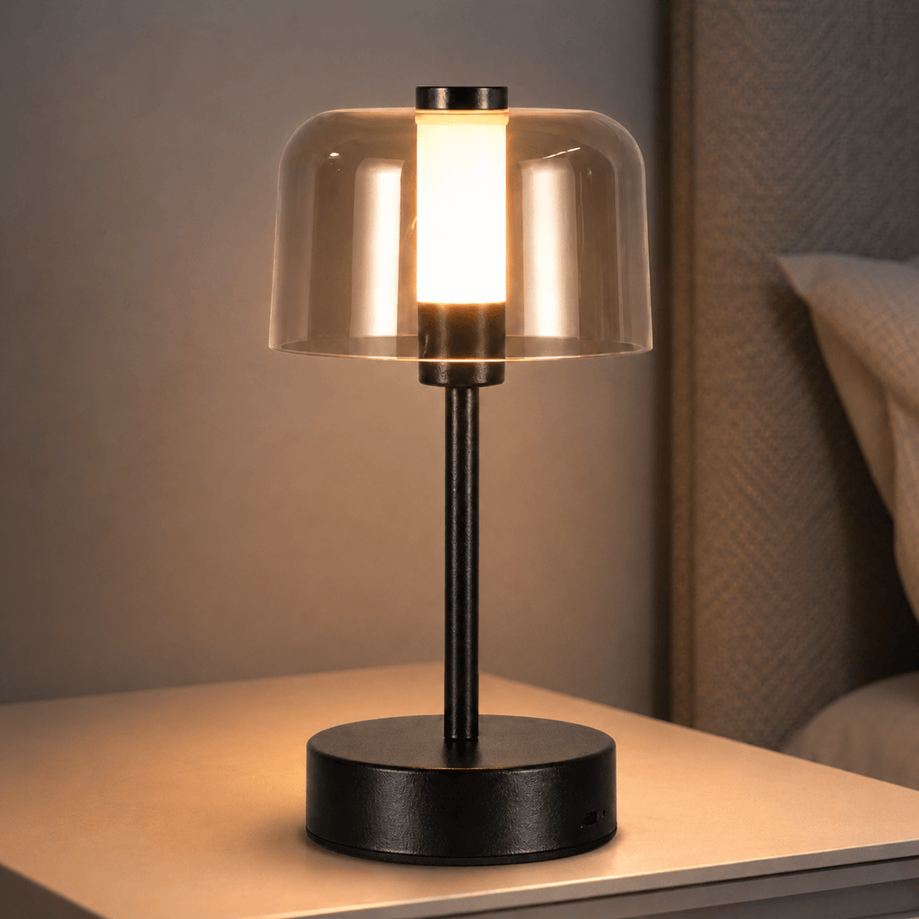 Rechargeable Cordless Table Lamp – Smoked Glass LED Bedside Lamp for Nightstand & Dining Table
