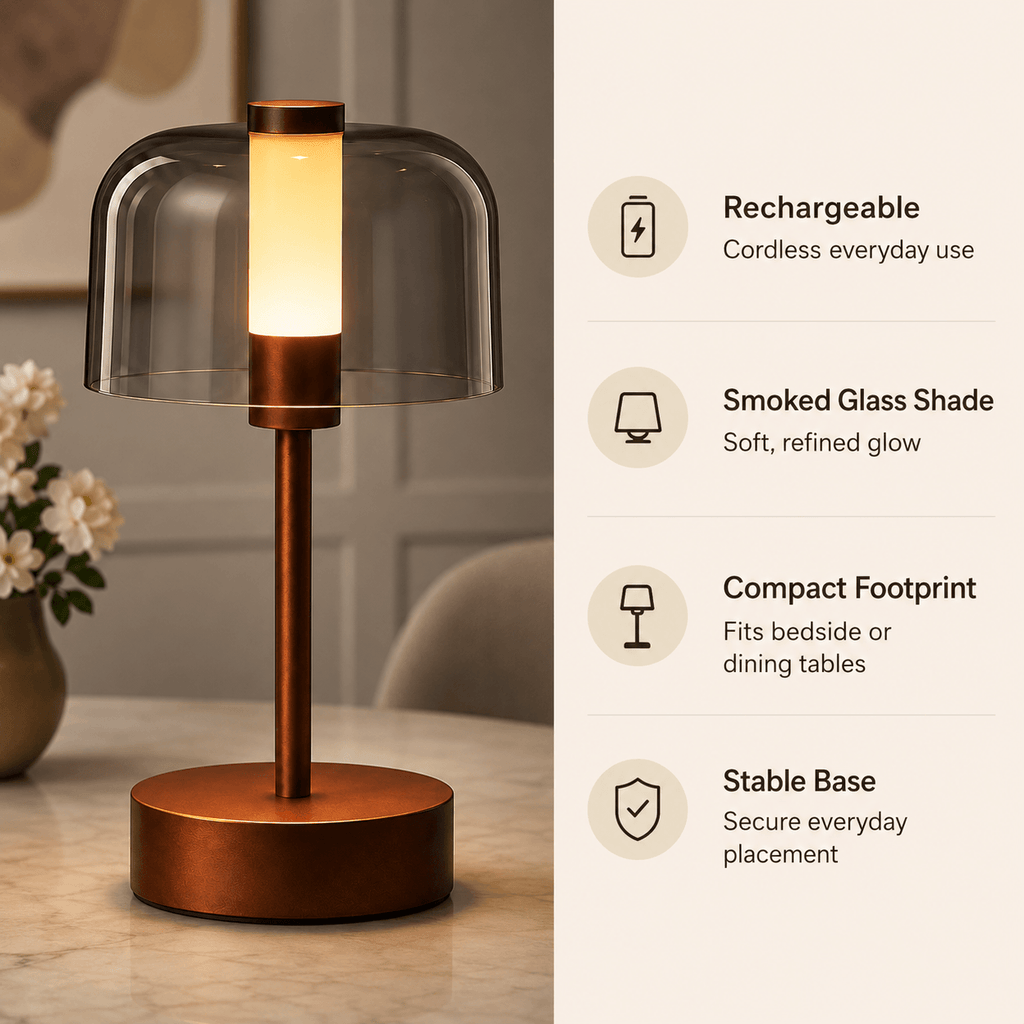 Rechargeable Cordless Table Lamp – Smoked Glass LED Bedside Lamp for Nightstand & Dining Table