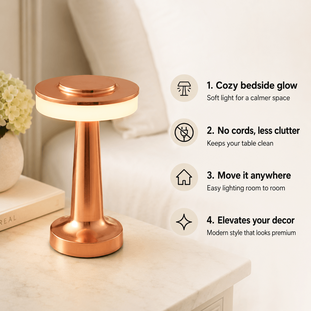 Rechargeable Lamp – Cordless Portable LED Table Light for Bedroom, Dining & Nightstand