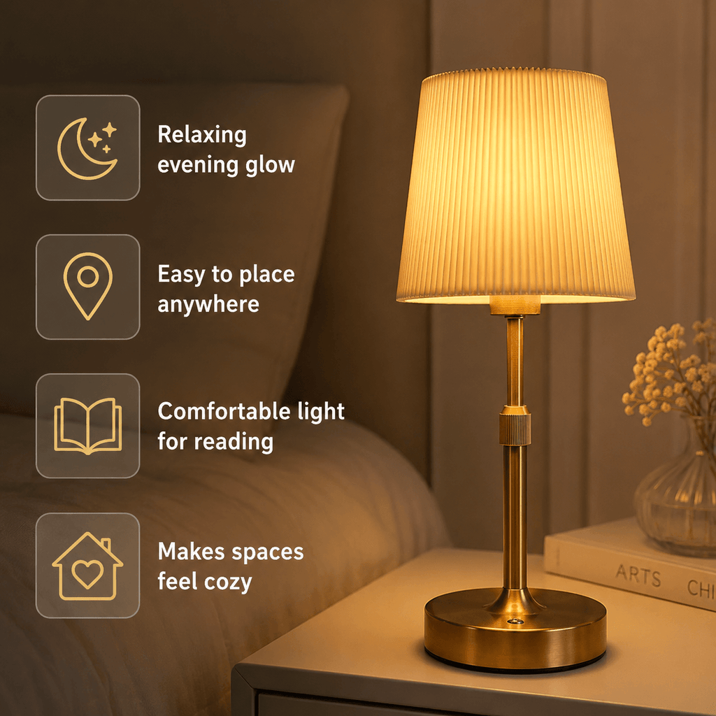 Rechargeable Cordless Table Lamp – Adjustable Pleated Bedside Lamp