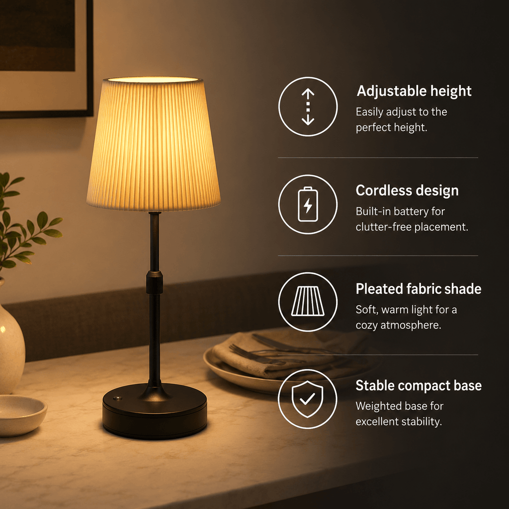 Rechargeable Cordless Table Lamp – Adjustable Pleated Bedside Lamp