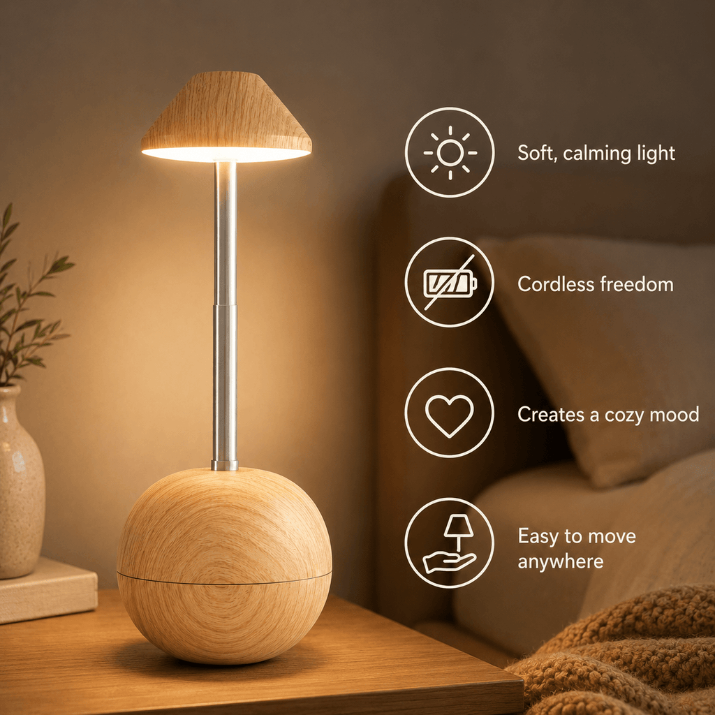 Rechargeable Cordless Table Lamp – Adjustable Wood LED Bedside Lamp