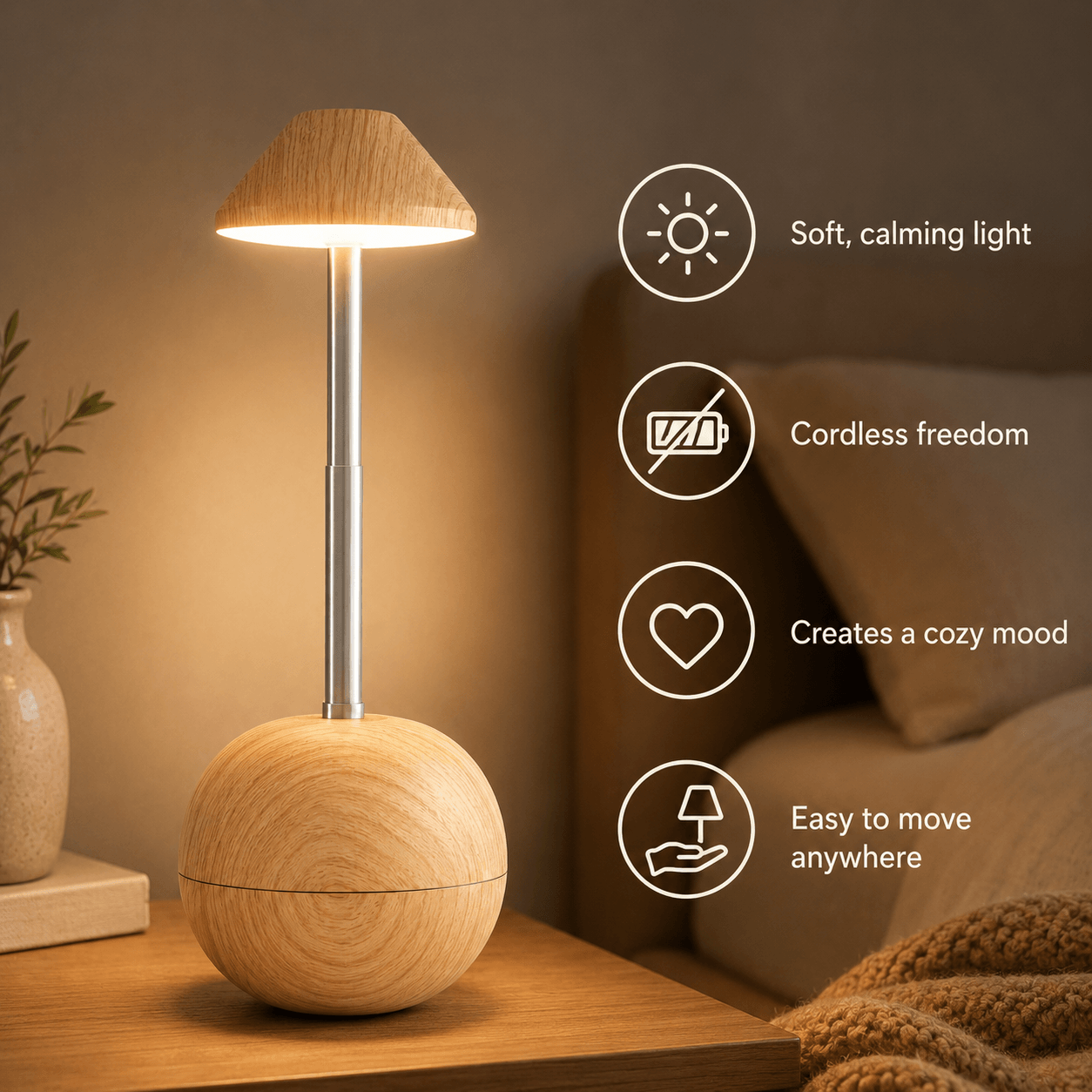 Rechargeable Cordless Table Lamp – Adjustable Wood LED Bedside Lamp
