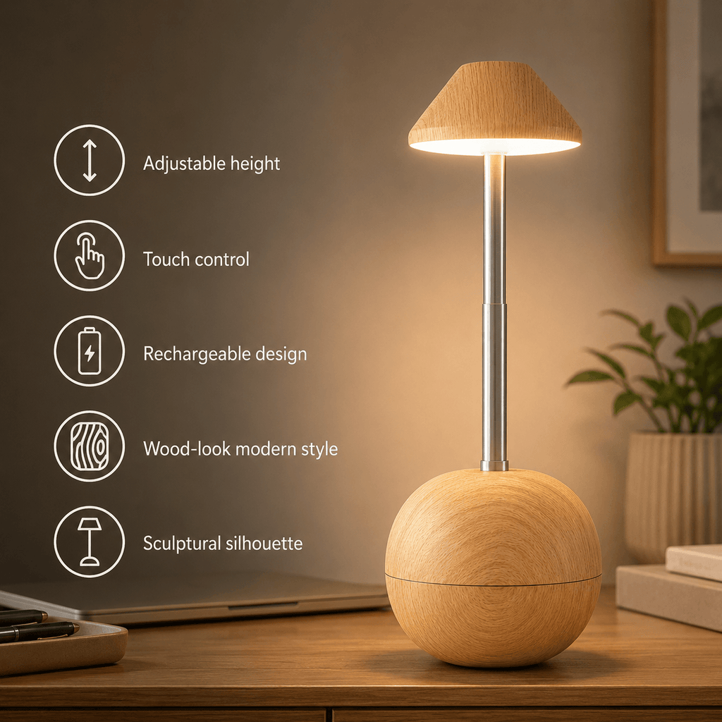 Rechargeable Cordless Table Lamp – Adjustable Wood LED Bedside Lamp