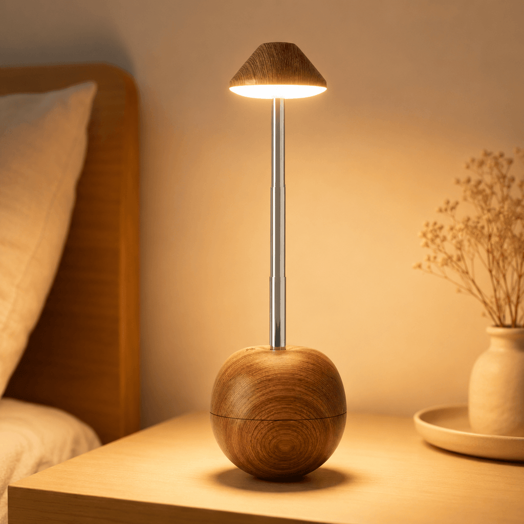 Rechargeable Cordless Table Lamp – Adjustable Wood LED Bedside Lamp
