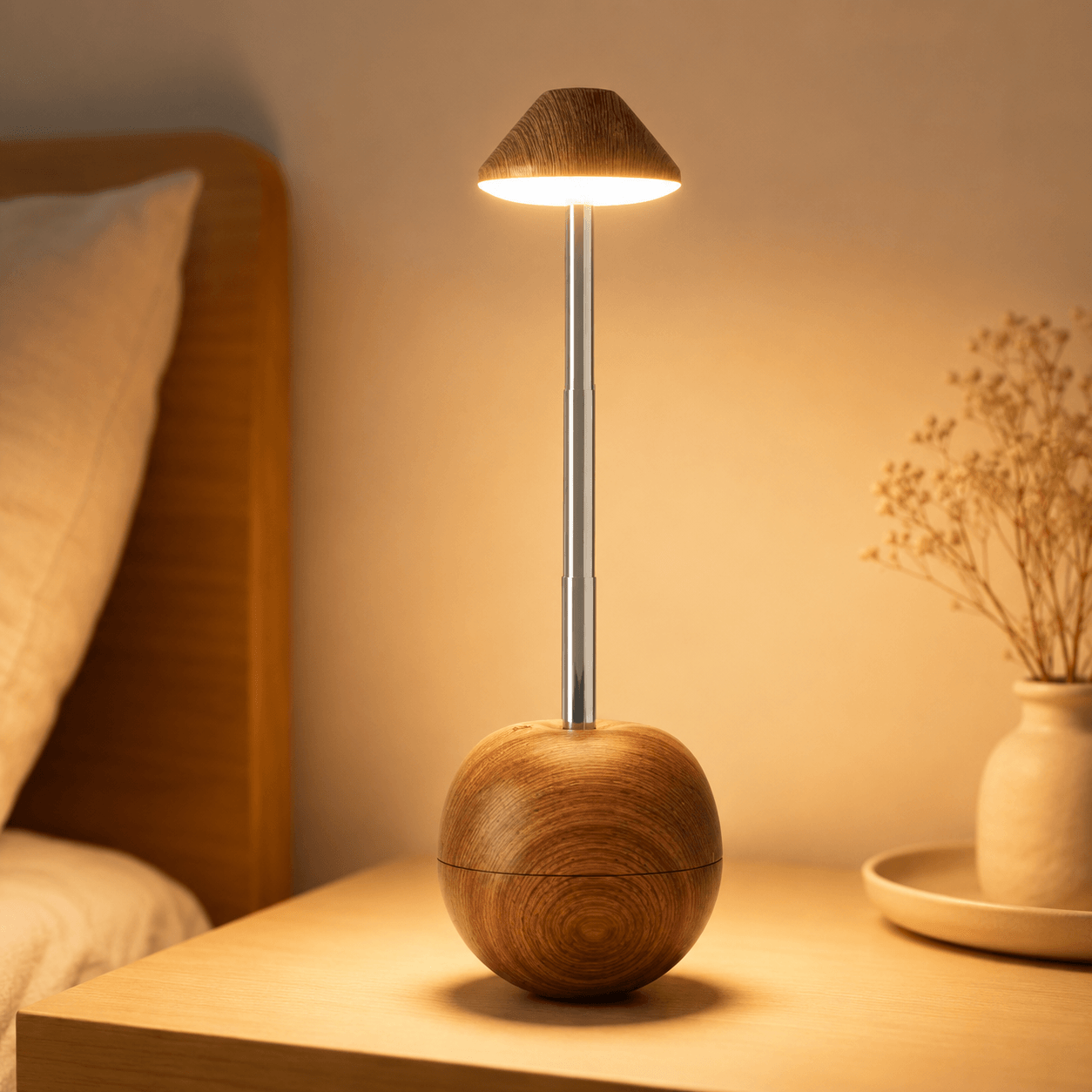 Rechargeable Cordless Table Lamp – Adjustable Wood LED Bedside Lamp