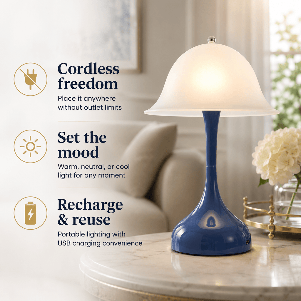 Rechargeable Cordless Table Lamp – Dimmable LED Mushroom Bedside Lamp with USB-C & 3 Color Temperatures