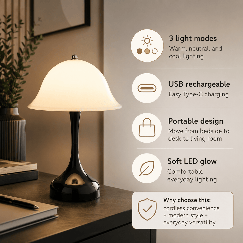 Rechargeable Cordless Table Lamp – Dimmable LED Mushroom Bedside Lamp with USB-C & 3 Color Temperatures