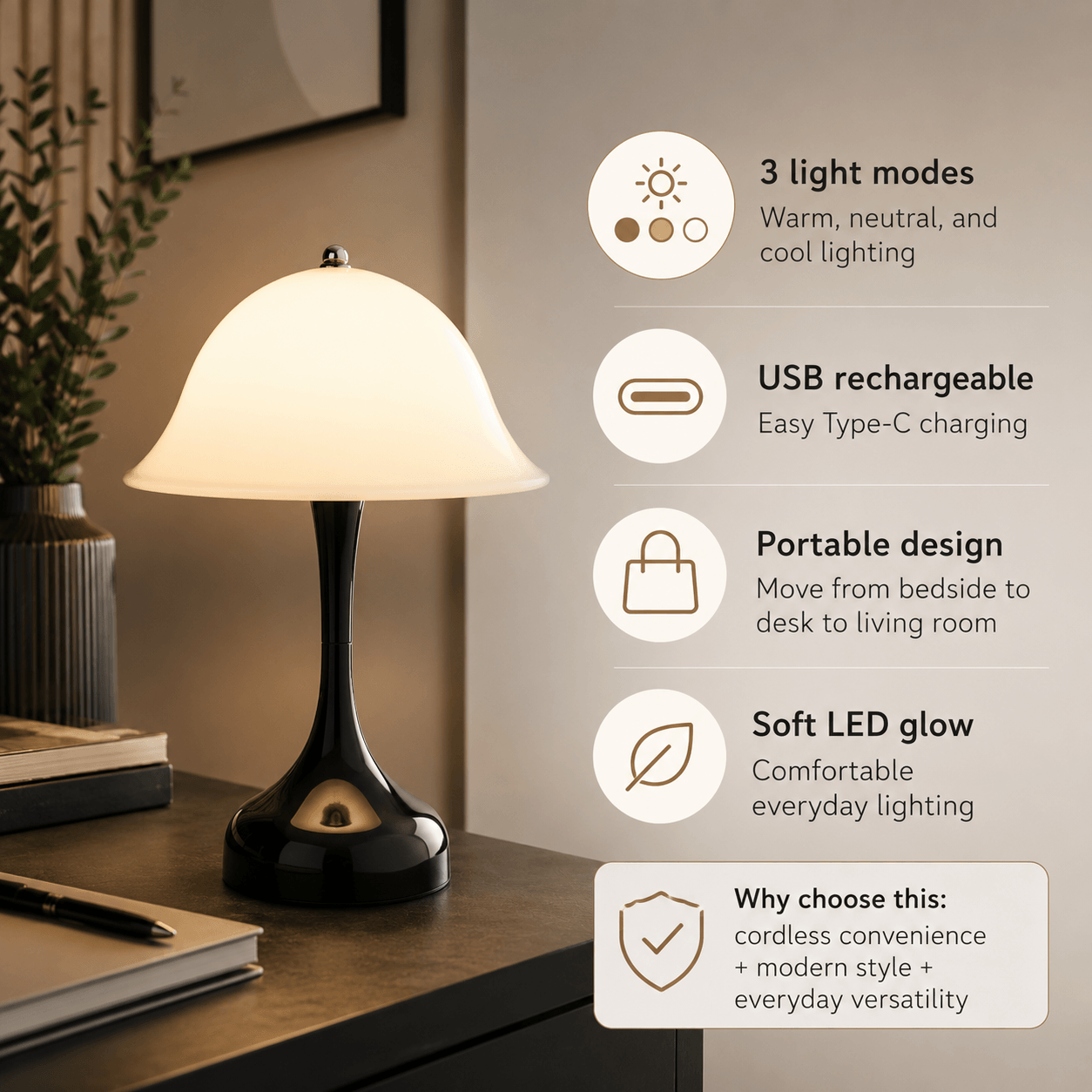 Rechargeable Cordless Table Lamp – Dimmable LED Mushroom Bedside Lamp with USB-C & 3 Color Temperatures