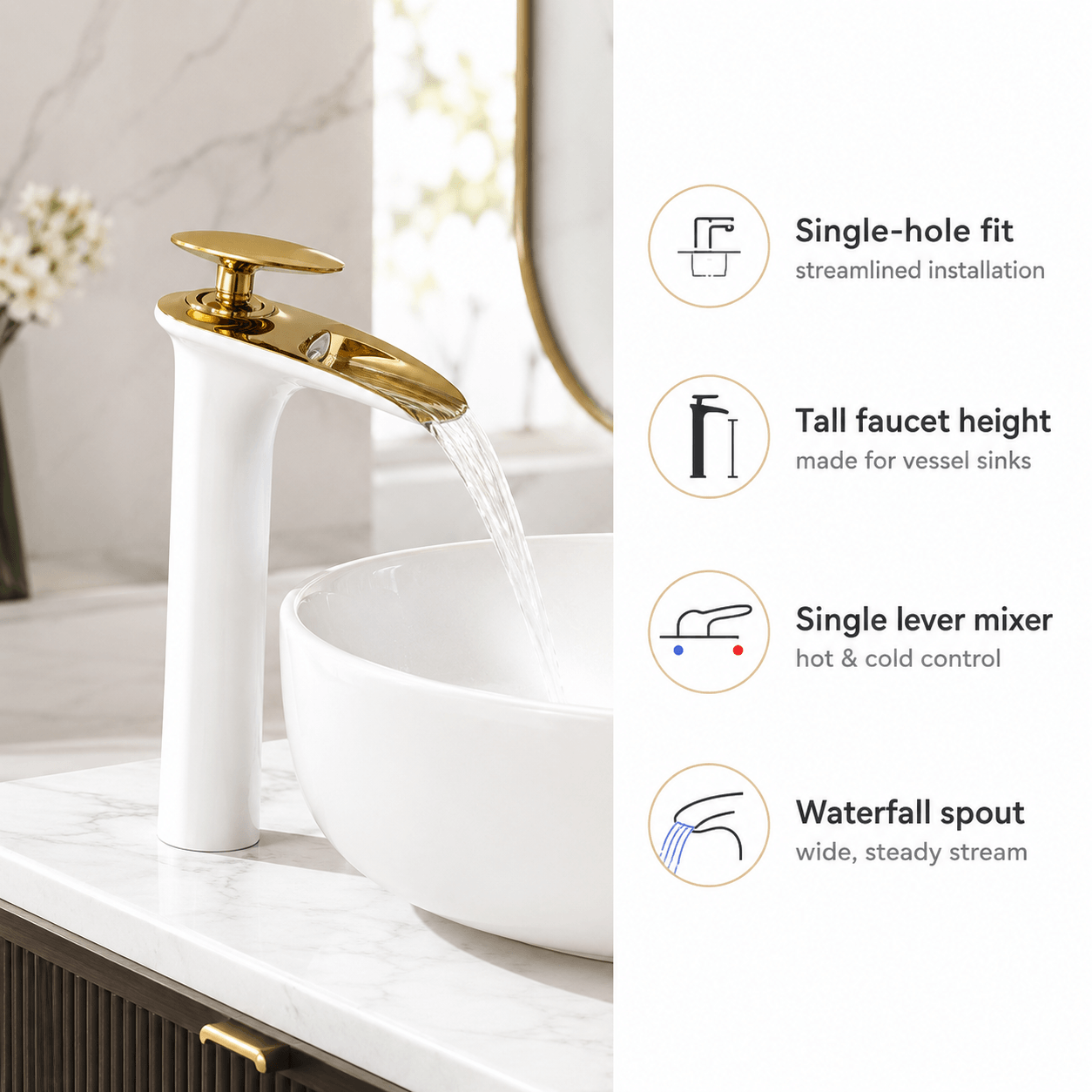 Single Hole Bathroom Faucet Vessel Sink Faucet Single Handle Waterfall