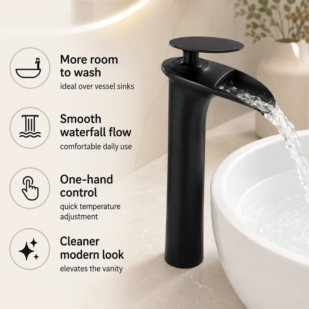 Single Hole Bathroom Faucet Vessel Sink Faucet Single Handle Waterfall