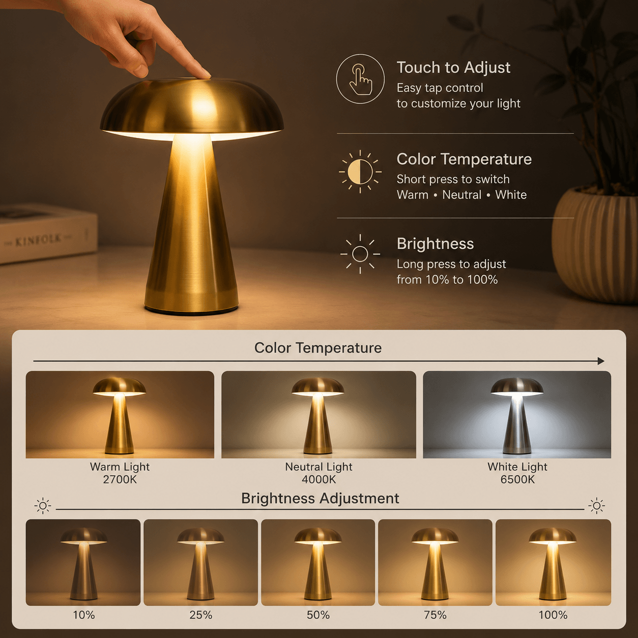 Spora Mushroom Table Lamp – Rechargeable Cordless Bedside & Desk Lamp