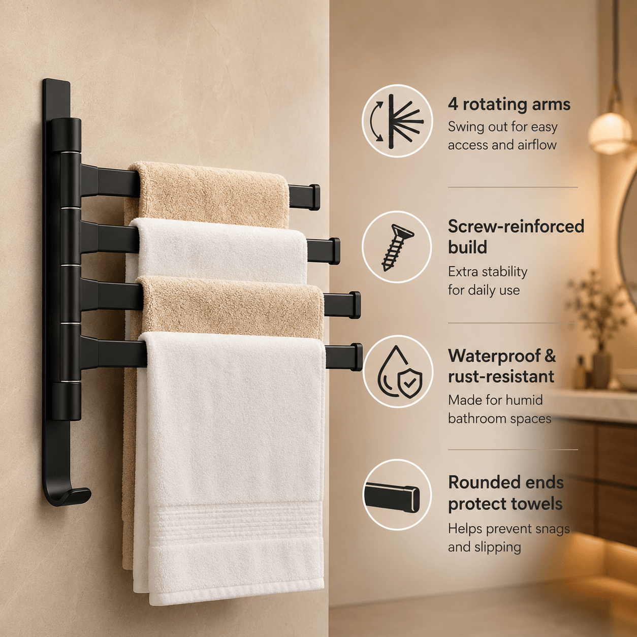 Wall Mounted Towel Rack – Swivel Bathroom Towel Bar & Towel Holder