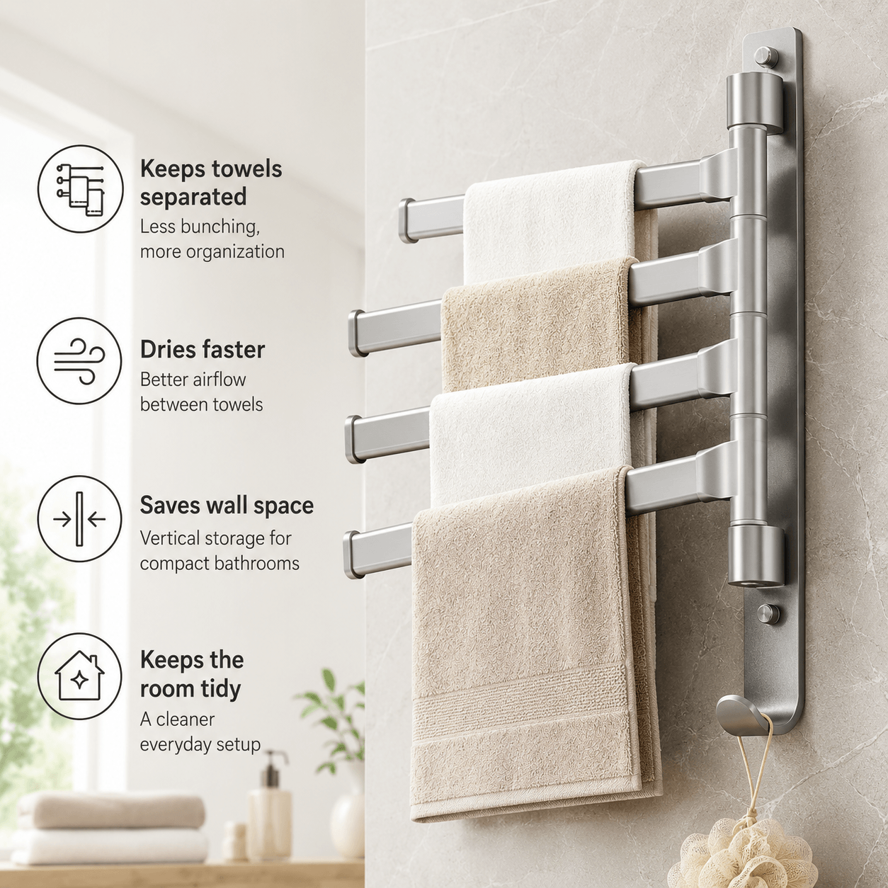 Wall Mounted Towel Rack – Swivel Bathroom Towel Bar & Towel Holder